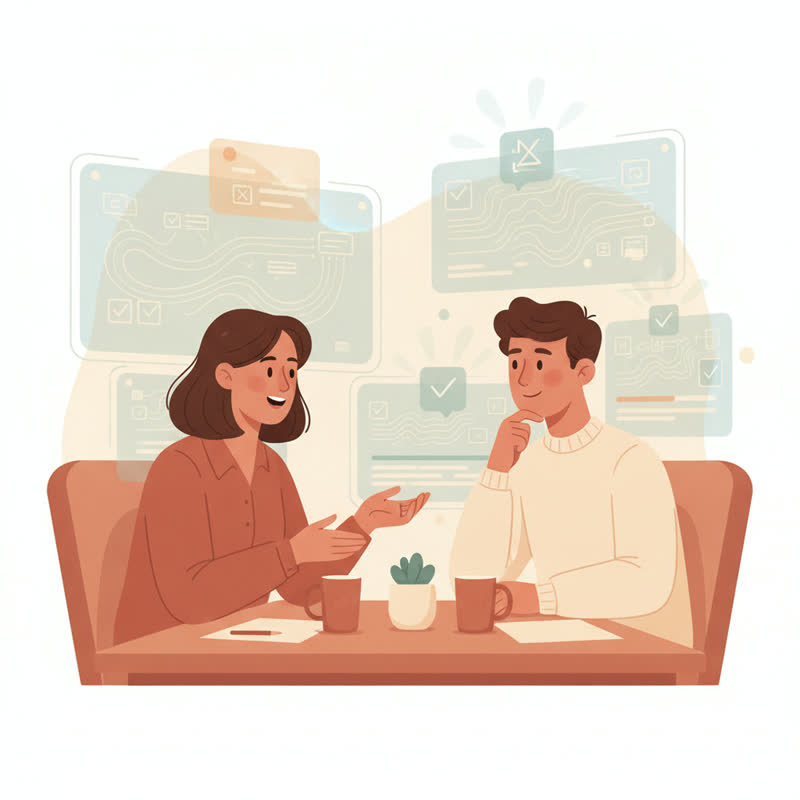 A manager having a meaningful face-to-face conversation with a human employee while AI task completions glow on screens in the background