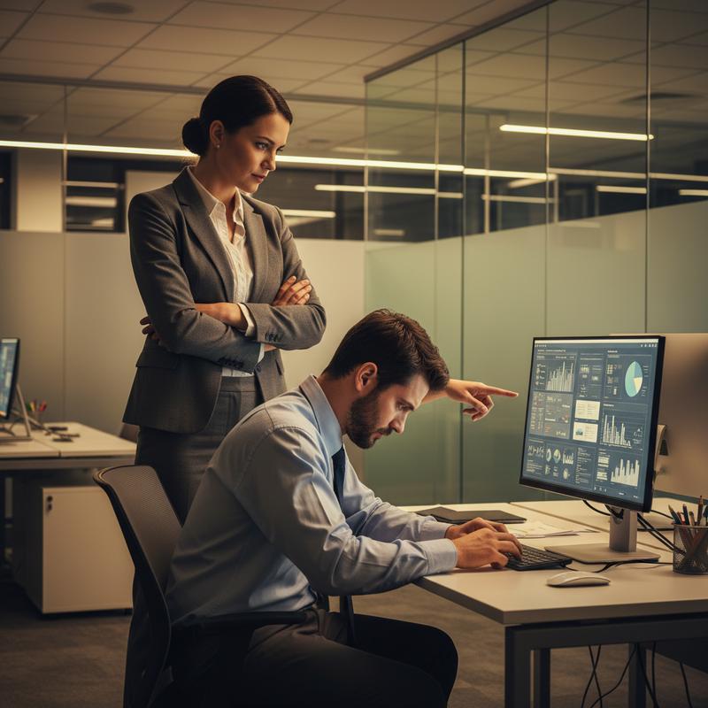 A manager standing over a seated employee, creating a visible power imbalance in the workplace