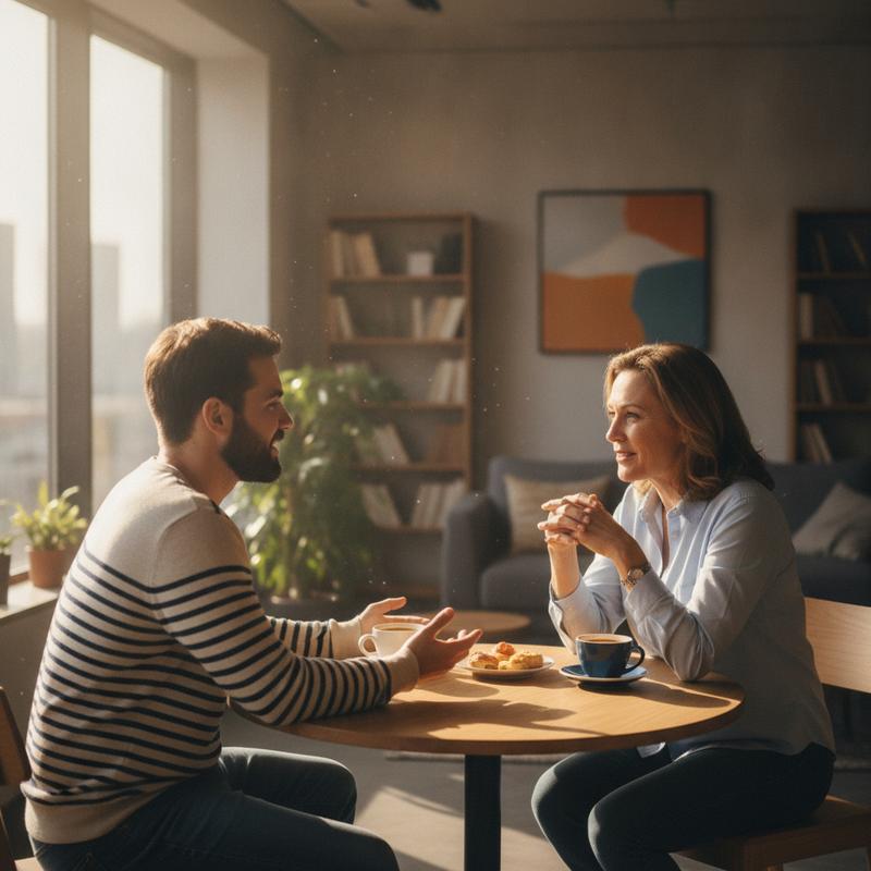 A manager and employee sit across a small table, having a genuine one-on-one conversation