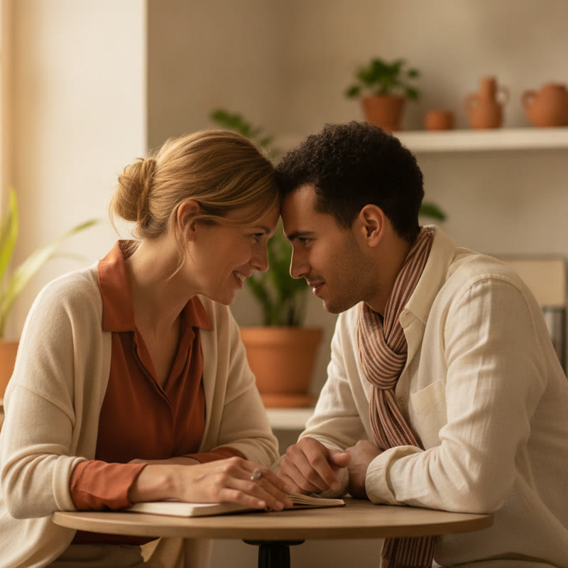 A manager and employee in a genuine one-on-one conversation, both leaning in with openness and trust
