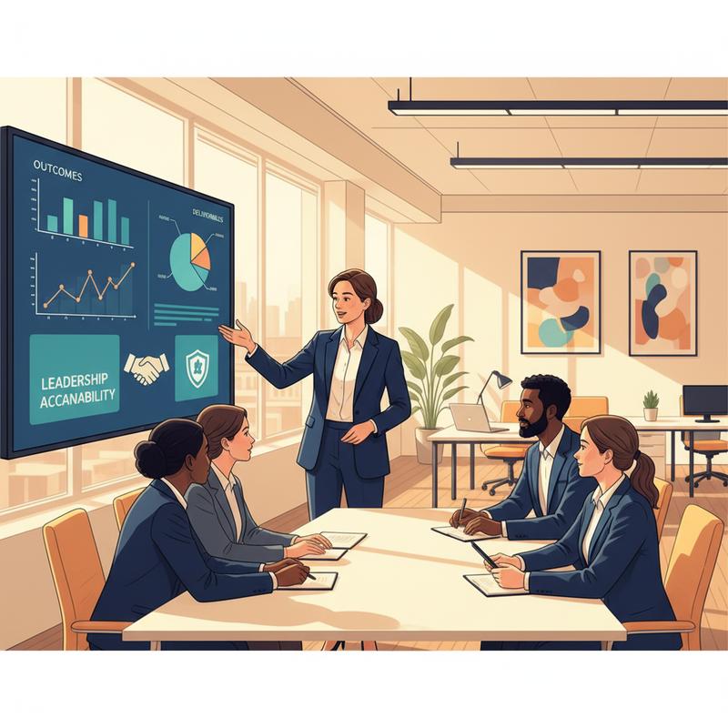 A leader presenting results and outcome metrics to an engaged team in a bright modern office