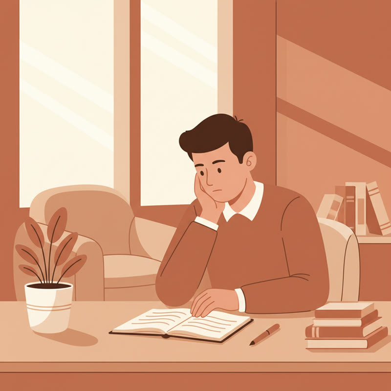 A manager sitting alone at a desk, thoughtful, with a notebook open in front of them