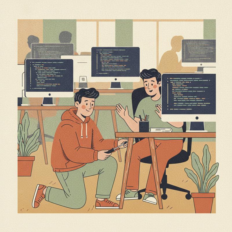 A team lead in a hoodie kneels to tighten a wobbly desk leg while a developer looks on pleased