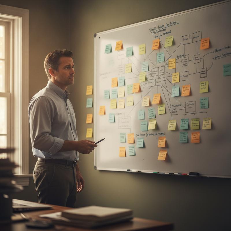A manager stares at a whiteboard covered in task lists and sticky notes, looking overwhelmed