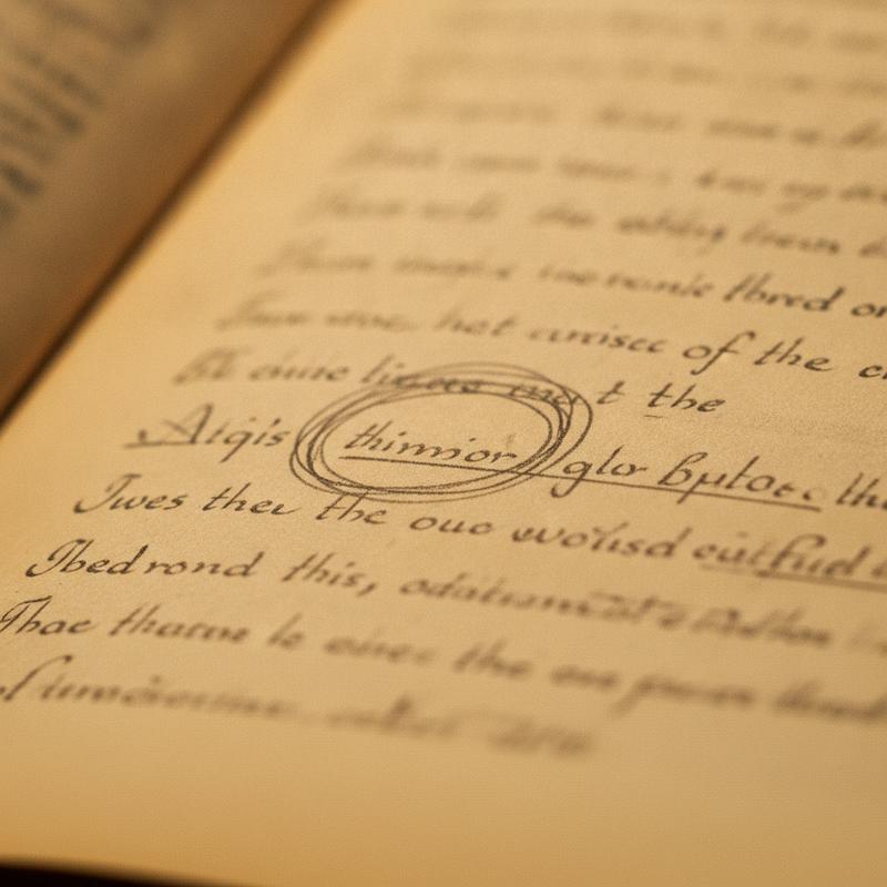 Close up of an open book page covered in handwritten pencil margin notes, underlining and a folded corner