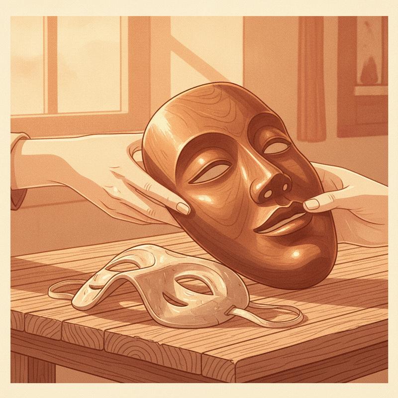 Hands setting a wooden mask down on a table in soft light
