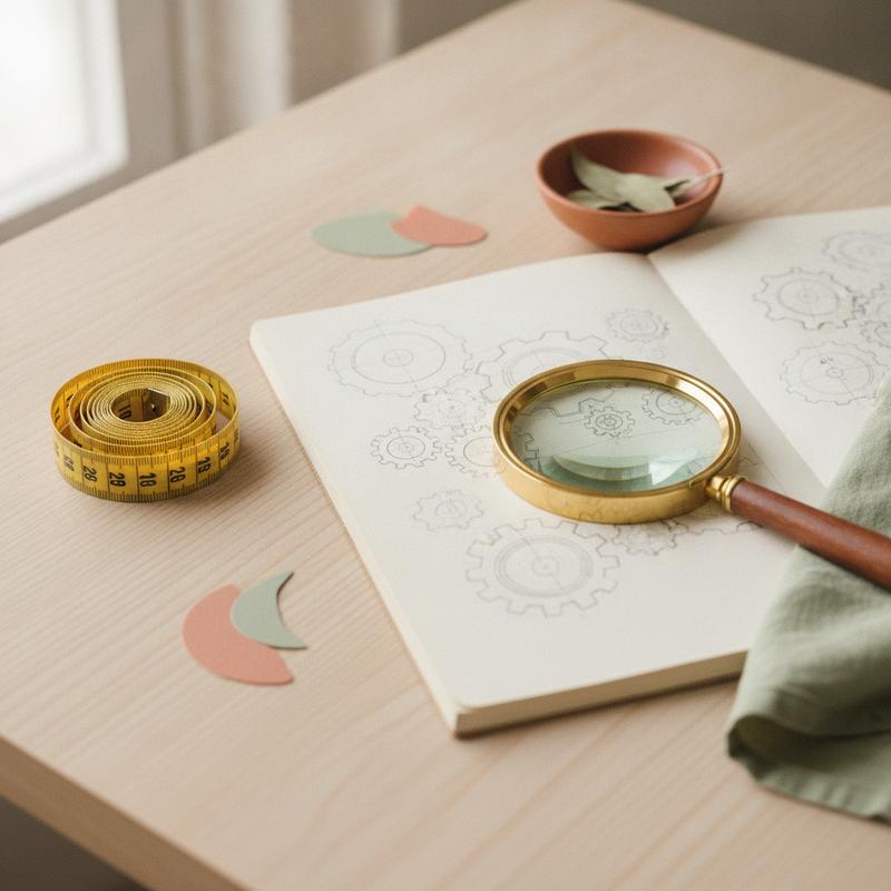 A coiled tape measure sits on one side of a desk while a brass magnifying glass rests on a notebook of hand-drawn gears