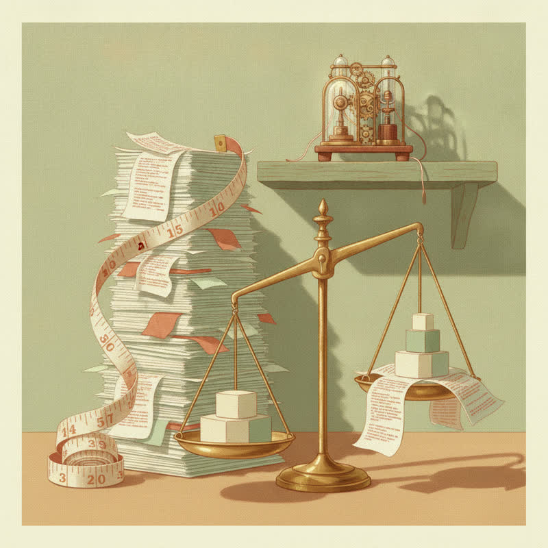 A giant tape measure and brass weighing scales measuring a tall pile of code printouts, while a small elegant working machine sits ignored on a shelf nearby