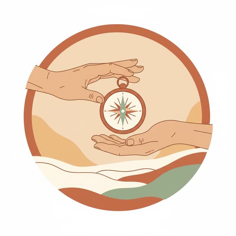 Two hands passing a compass, the transfer of direction and knowledge