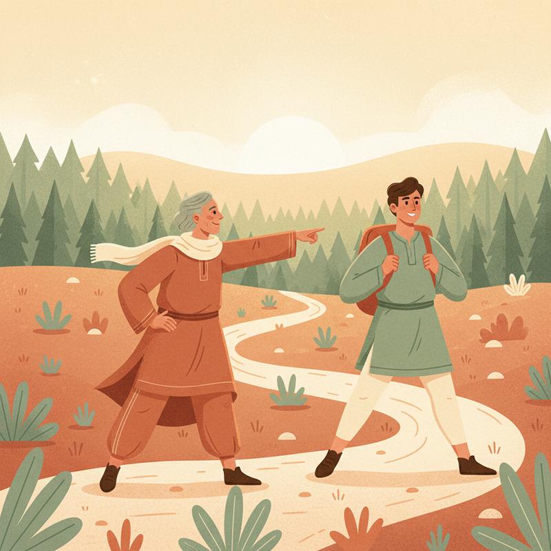 A mentor pointing ahead, their mentee ready to stride forward on their own