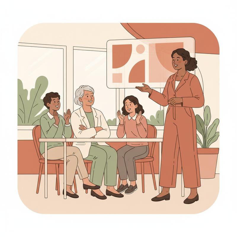 A mentor watching proudly as their former mentee presents confidently to a group