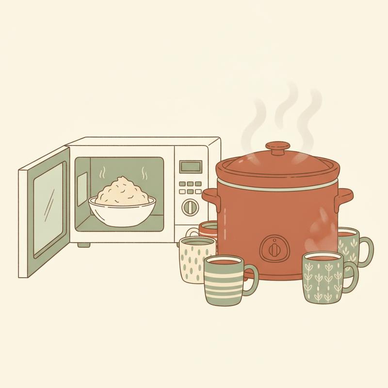A microwave with a half-cooked lump inside next to a steaming slow cooker surrounded by team mugs