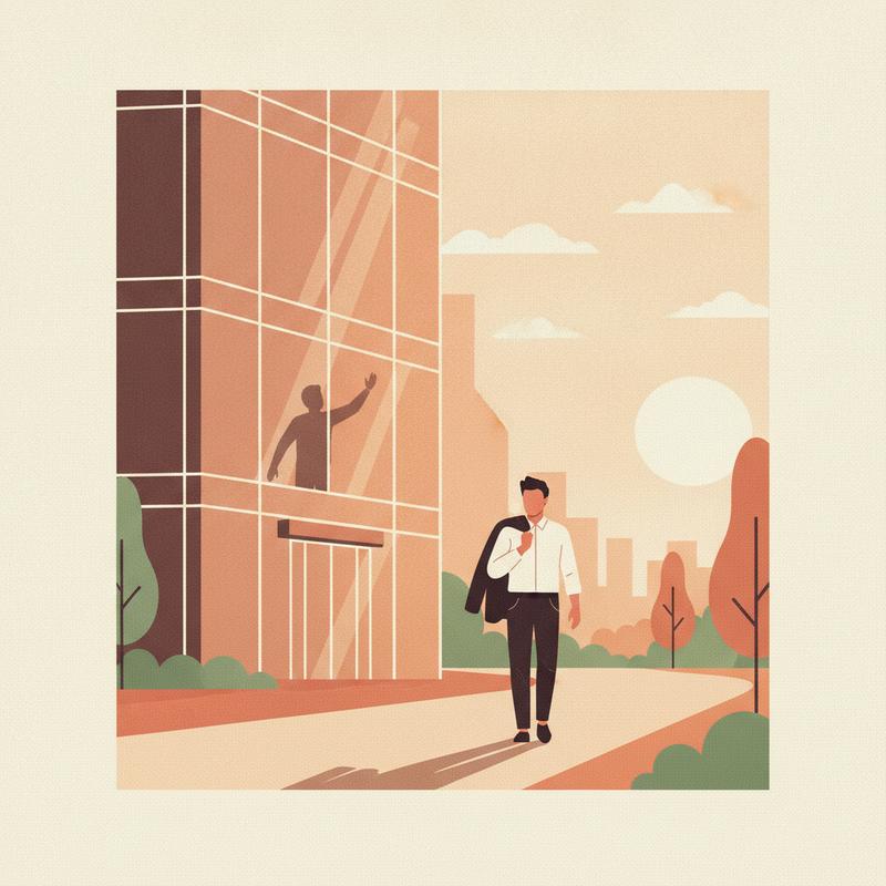 A person walking outdoors away from a glass office building on a midweek afternoon