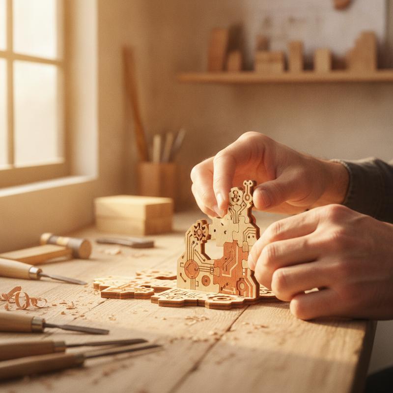 Close-up of a craftsperson carefully assembling detailed wooden pieces on a workshop bench, warm golden light, a metaphor for building reliable systems piece by piece