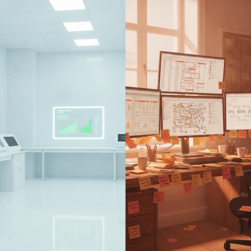 Split scene showing a pristine white laboratory with a glowing screen on one side versus a busy real-world office with multiple monitors and sticky notes on the other