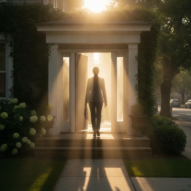 A person walking out the front door into bright Monday morning light