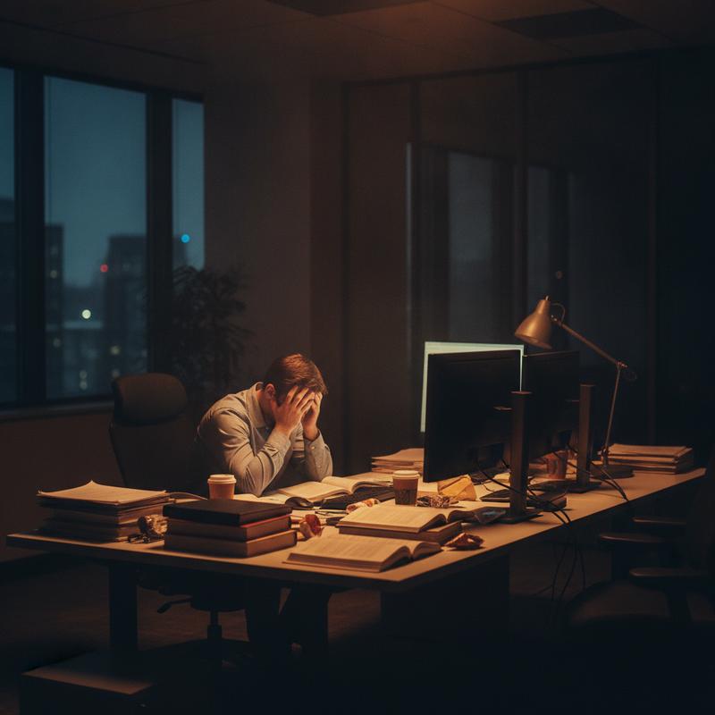 A lone office worker sits at a desk late at night, head in hands, surrounded by glowing screens