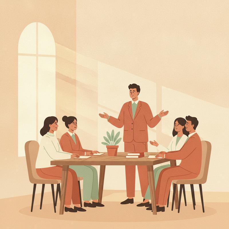 A leader standing in front of a small team, hands open, speaking plainly to colleagues who look relieved