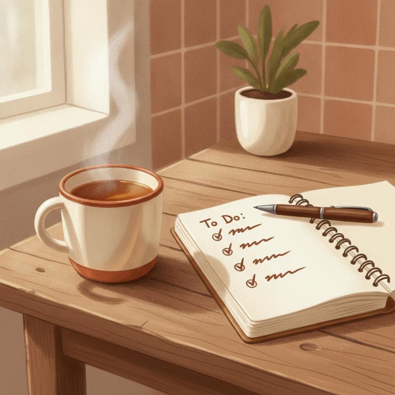 An open notebook with a short ticked checklist beside a mug of tea on a wooden kitchen table