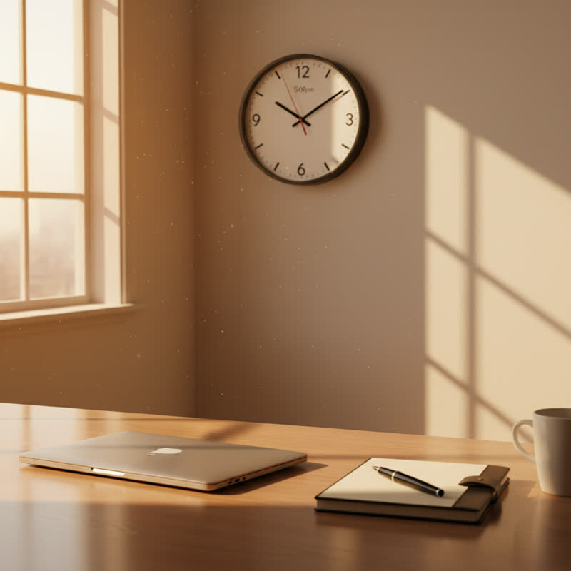 Office clock showing 5pm, desk cleared, work finished for the day