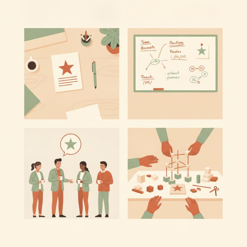 Four panels showing the same star symbol on a printed scorecard, a team whiteboard, a speech bubble above a morning huddle, and a hands-on workshop table