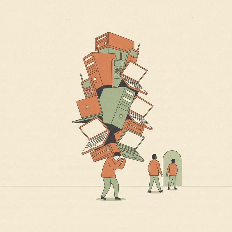 One figure staggering under an enormous stack of servers and laptops while colleagues walk out through a door