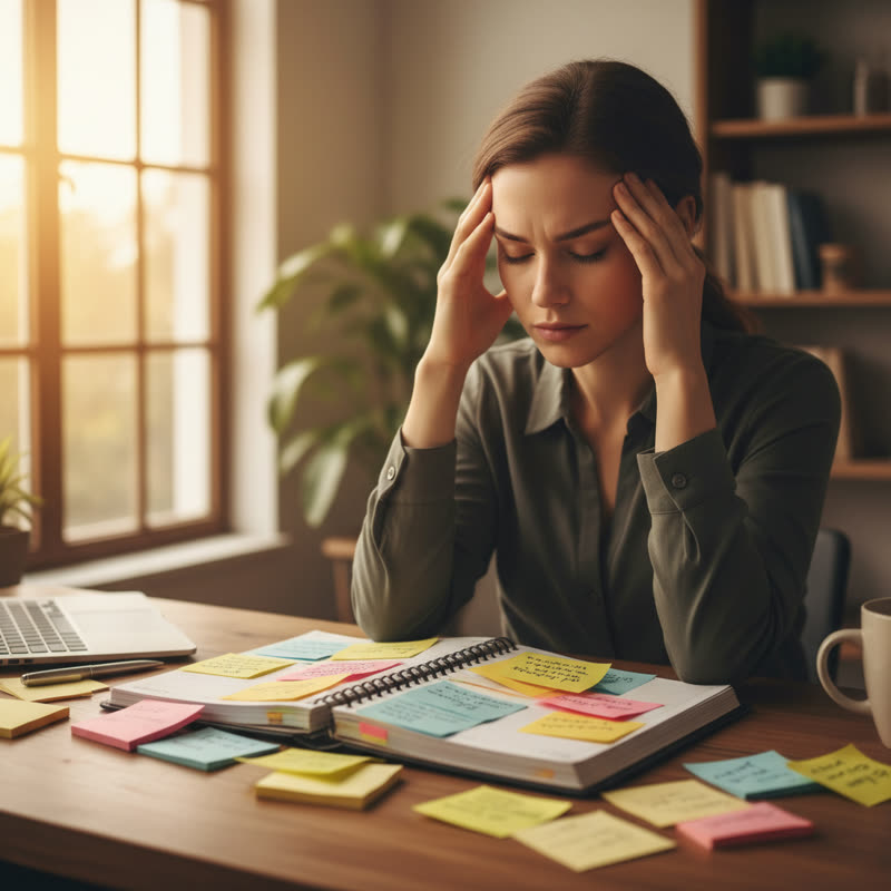 Person overwhelmed at desk with sticky notes and planner