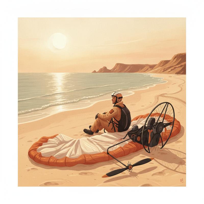 A paramotor pilot sits on a Spanish beach beside a crumpled wing and a broken propeller, looking out to sea