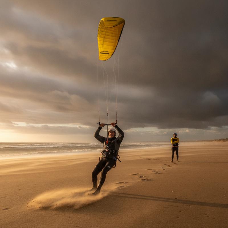 A student in a helmet kiting a small yellow wing on a windy beach under storm clouds while an instructor watches