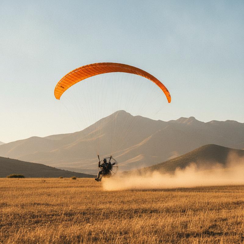 A paramotor pilot lifting off from a dry, sunny Spanish field with a bright orange wing against a clear blue sky and mountains behind