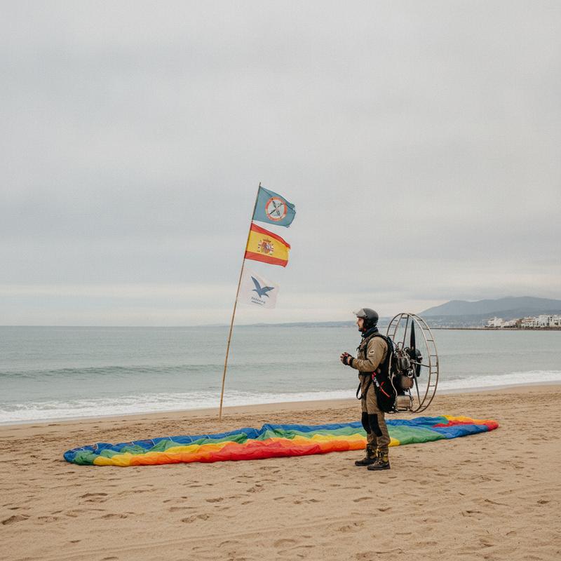 A paramotor pilot stands on a grey Spanish beach with the engine on his back and a rainbow-colored wing spread on the sand, waiting for the wind
