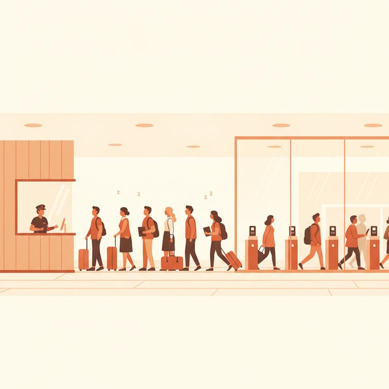 A long queue of travelers waiting at a manual passport desk while people in the next terminal walk straight through automated gates