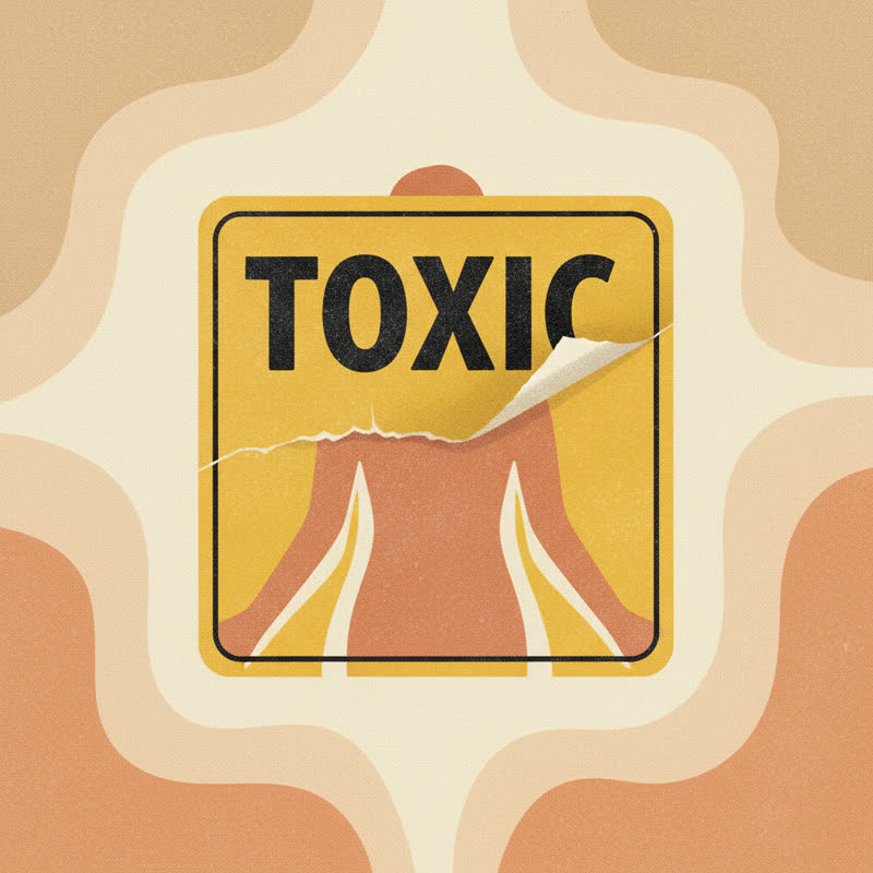 A toxic warning label being peeled back to reveal a warm human silhouette underneath