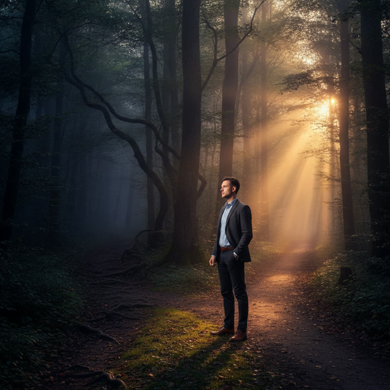 A person standing alone at a dramatic fork in a misty forest path at dawn, one path leading toward warm light