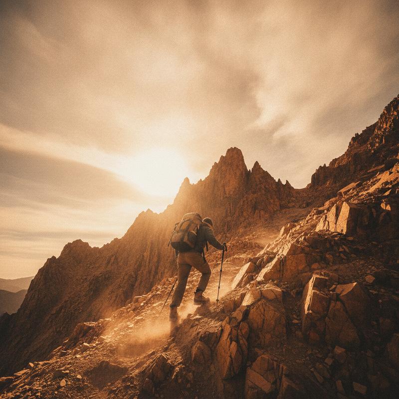 A person climbing a steep mountain path toward open sky