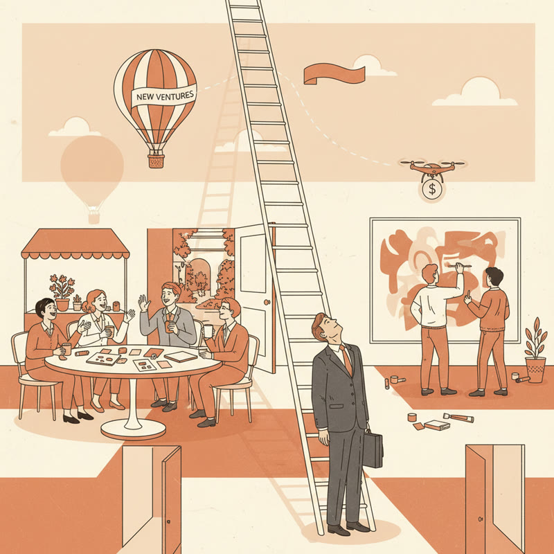A person staring up a tall corporate ladder, completely oblivious to the vibrant world happening around them at ground level