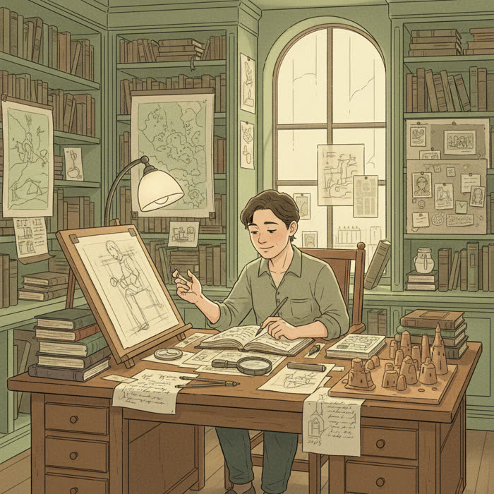 A person absorbed in deep, purposeful work surrounded by books, notes, and creative materials