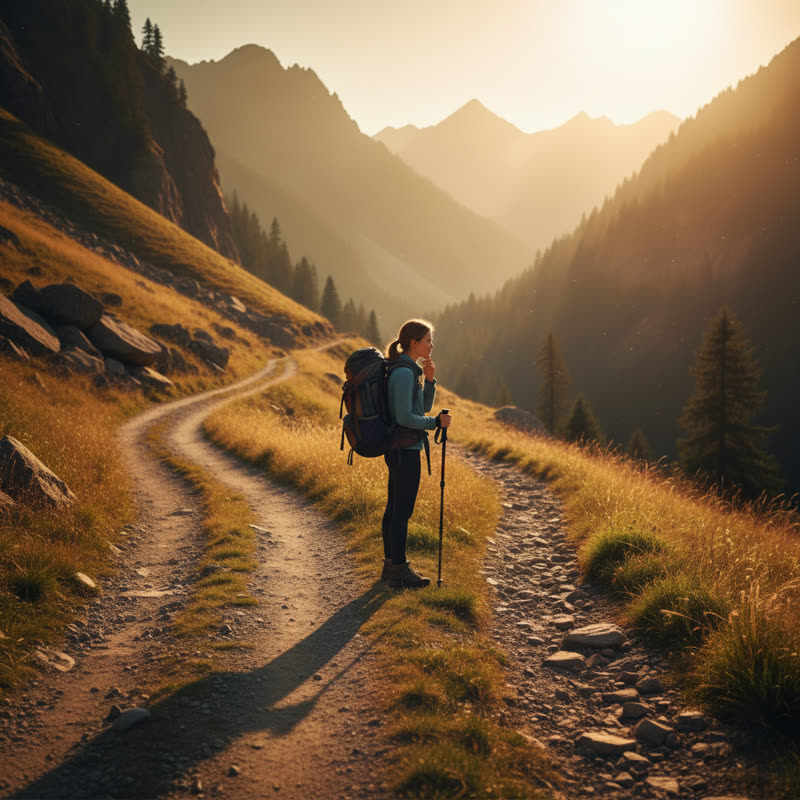 A hiker pausing at a fork in a mountain path at golden hour, weighing two routes