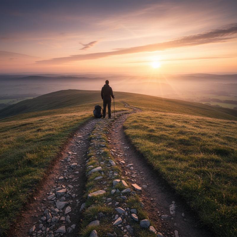 A person standing on a hilltop looking out at a long winding path toward the sunrise horizon