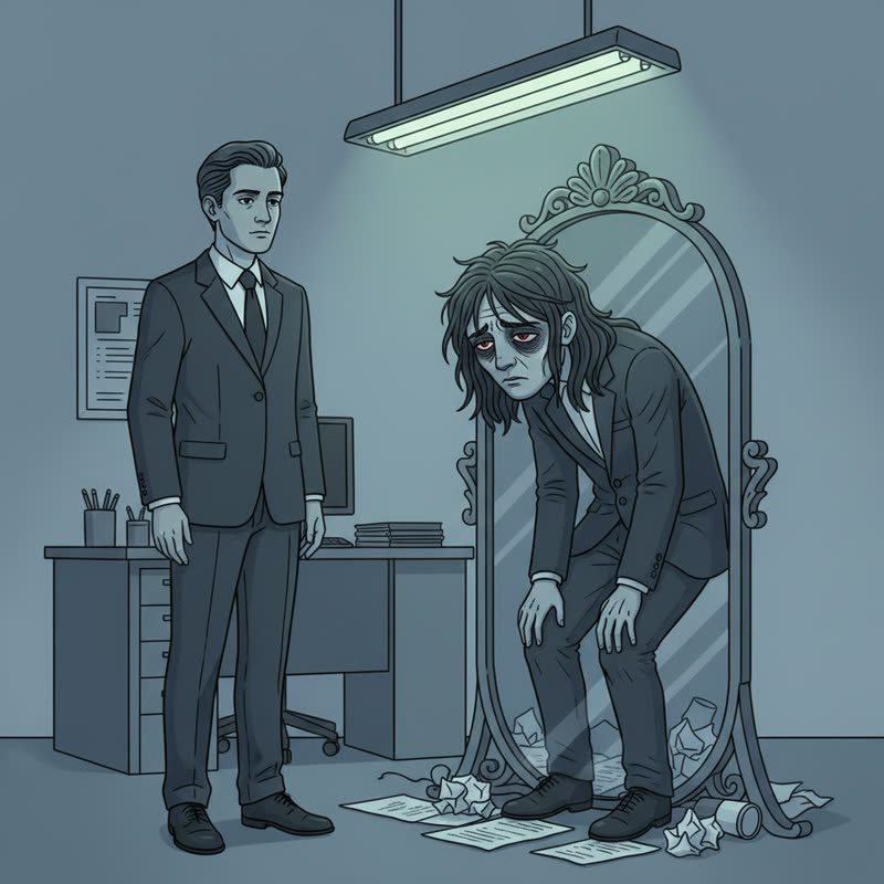 A composed professional in an office, their mirror reflection showing someone exhausted and dishevelled