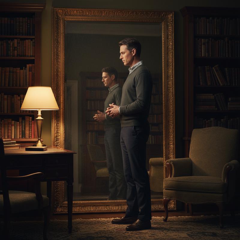 A person standing thoughtfully before a large mirror in a warm, book-lined study