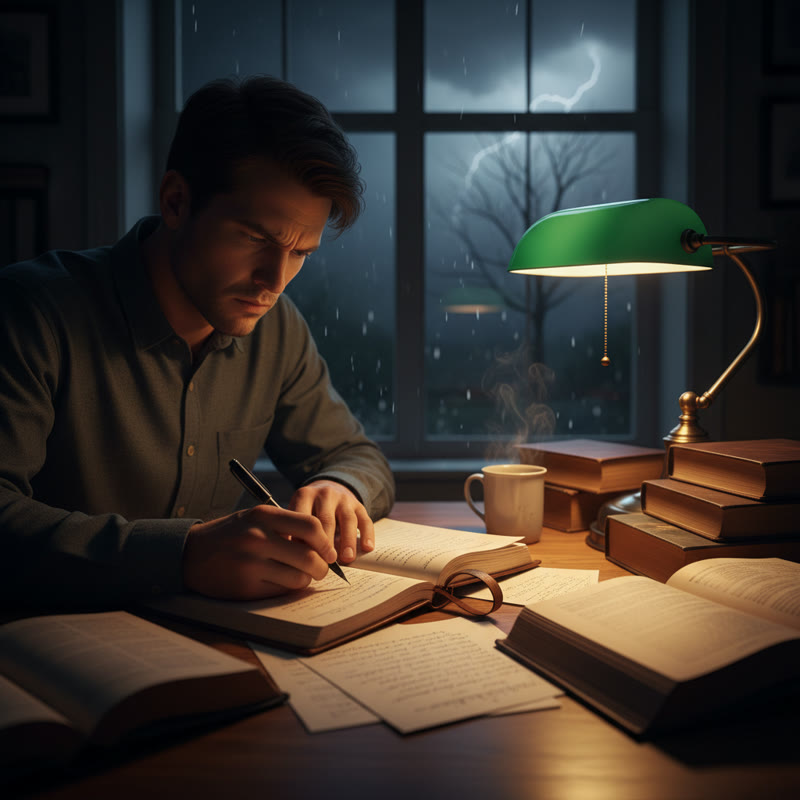 A person writing at a desk late at night, lamp lit, determined, storm outside the window