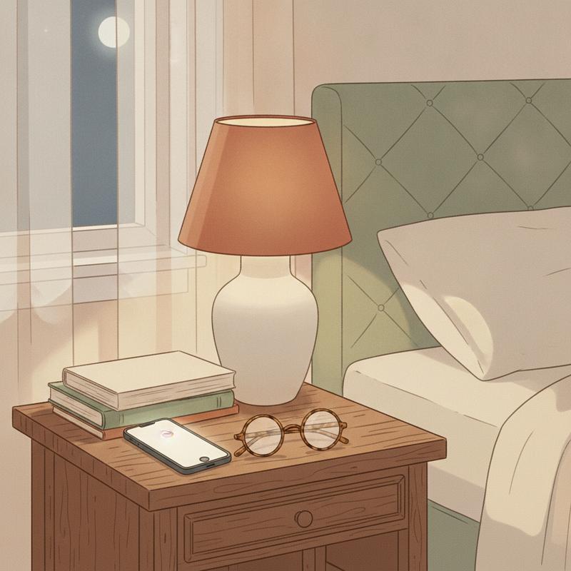 A phone on a bedside table glowing with an evening call, a lamp and reading glasses beside it