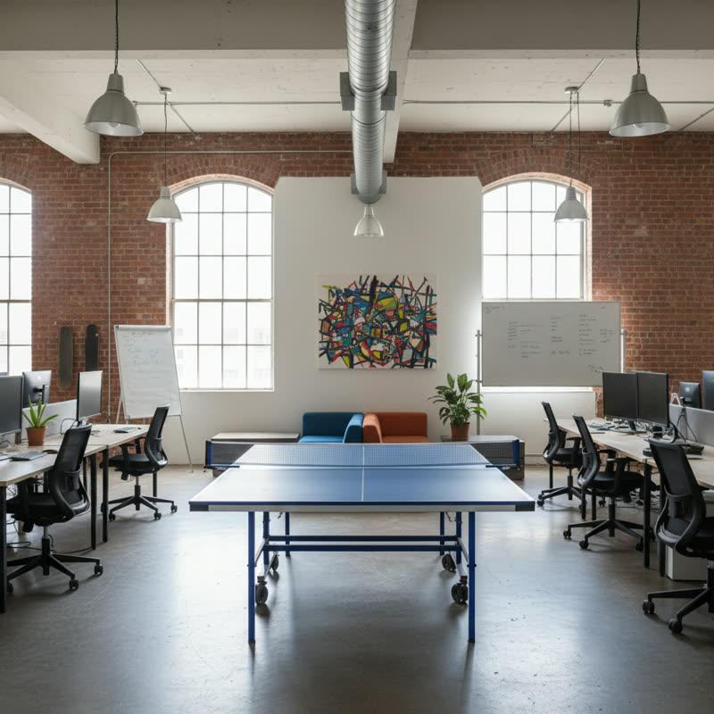 An empty ping pong table in a bright but deserted tech startup office