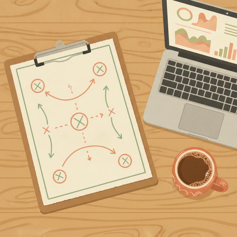 A coach's clipboard with a hand-drawn play diagram lying on a desk beside a laptop showing graphs and a cup of coffee