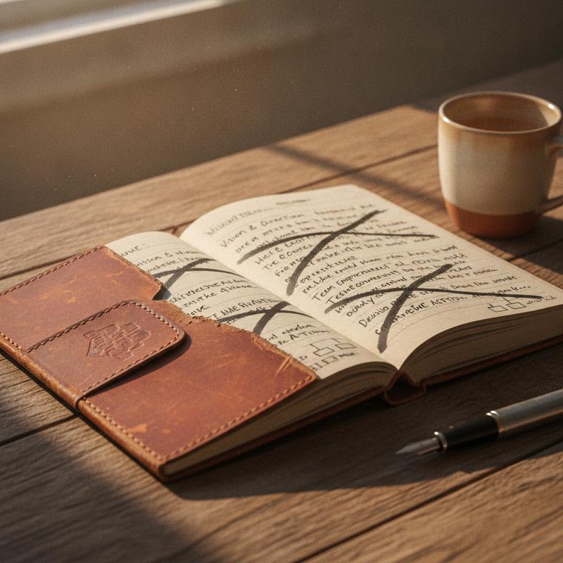 A worn leather notebook open on a wooden desk covered in handwritten leadership notes with several lines crossed out