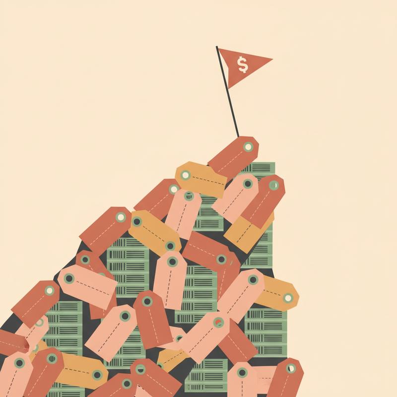 Illustration of a cliff built from stacked price tags and server racks with a small startup flag at the edge