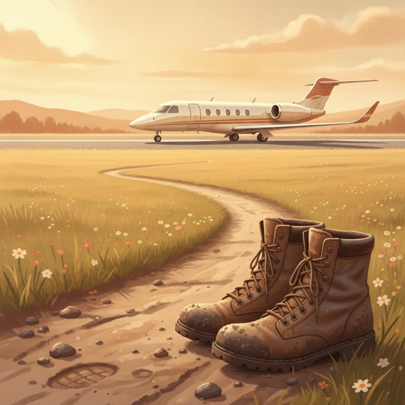 A private jet on a distant runway with a pair of muddy walking boots on a footpath in the foreground