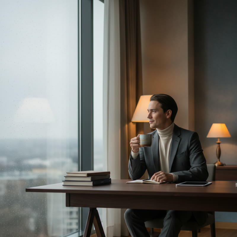 A professional sitting at a desk by a rainy window, thoughtful and calm