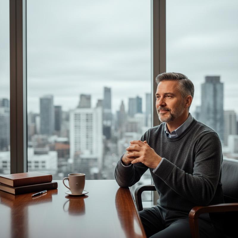 A professional man sitting quietly, reflecting, looking out at the city